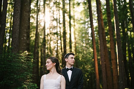 Couple portrait in grove of redwoods at Heartwood Mendocino wedding